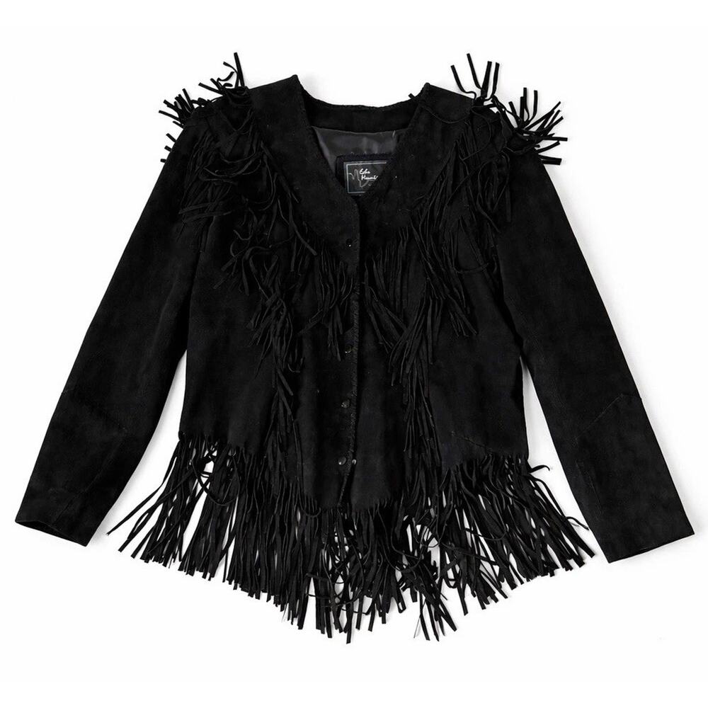 Vintage Arturo Arocho Size 16 Black Fringe Jacket Western Suede Leather